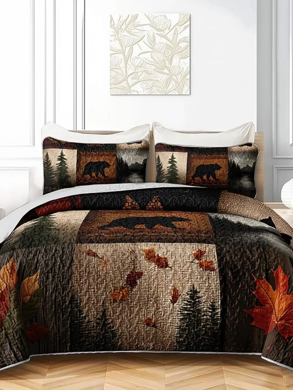 Rustic Bear Quilt Set Queen Size,Western Bedspread Bedspread Coverlet with 2 Pil